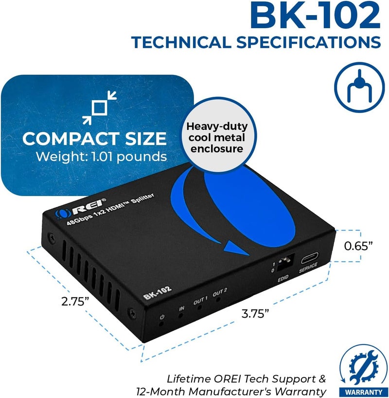 OREI 8K HDMI Splitter 1 in 2 Out, Duplicate/Mirror HDMI Signal UltraHD Supports Upto HDMI 2.1 Splitter 4K@120Hz EDID Management HDCP 2.3 - BK-102 - Image 5